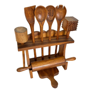 Late 20th Century Workshop-Made Wooden Utensils With Holder - 9 Pieces