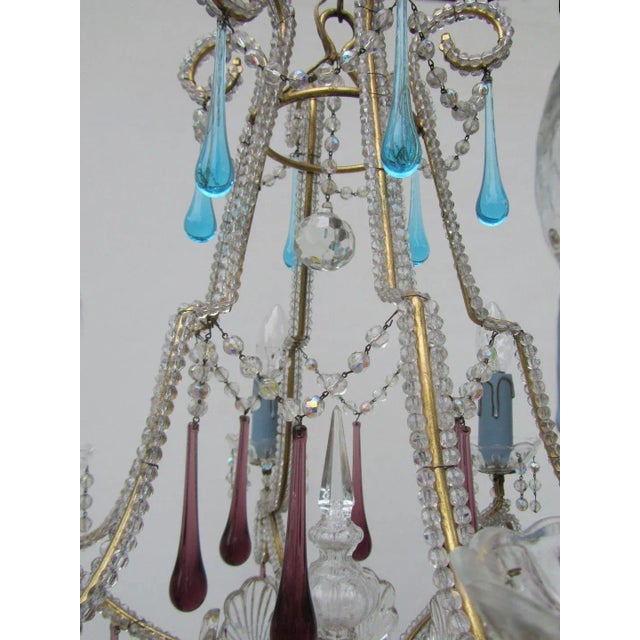 Metal Vintage Italian Crystal Beaded 6-light Chandelier with Purple & Azure Drops For Sale - Image 7 of 16