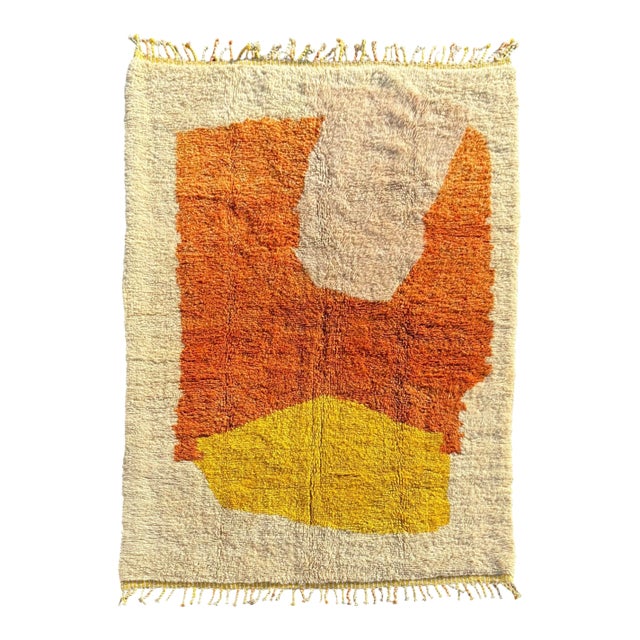 Moroccan Mrirt Rug Handmade Wool – Modern Berber Rug – Cream Orange Yellow Area Rug – Contemporary Decor For Sale