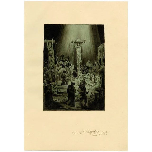 An original 1833 watercolour painting, R.J. Blesard, The Three Crosses after Rembrandt.The Three Crosses (Christ Crucified...