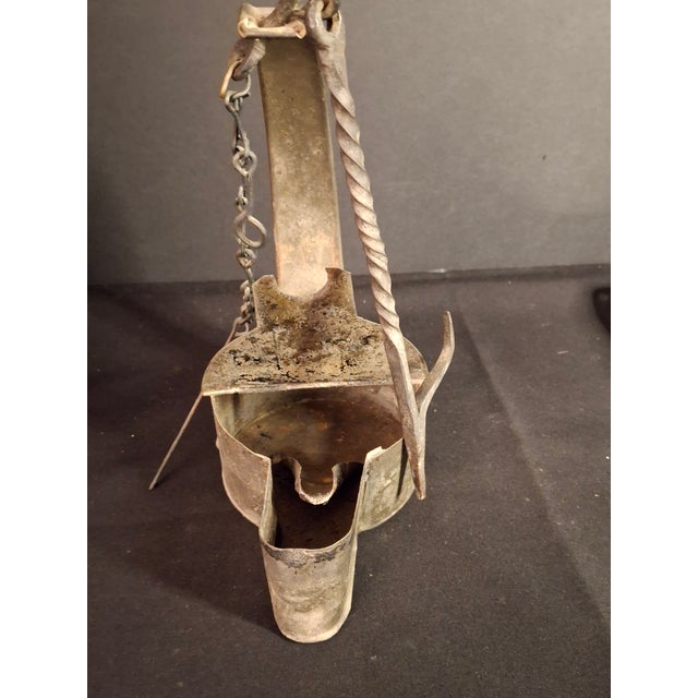Dark Gray Large Antique Colonial Tin Betty Lamp Wrought Iron Twist Hook Wick Pick C 1820 For Sale - Image 8 of 18