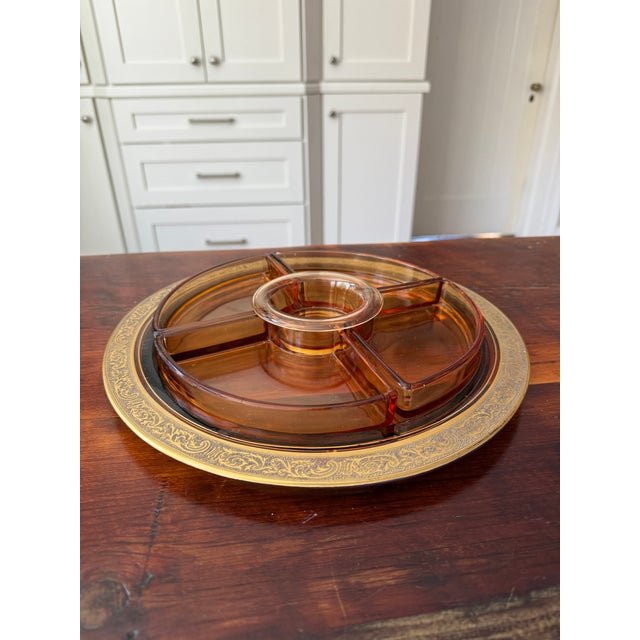 Beautiful Amber Glass Gold Encrusted Divided Relish Dish With Center Insert by Cambridge Glass Co., c. early 20th century....