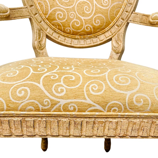 French Louis XVI Medallion Back Armchair With Crème-Peinte Distressed Finish For Sale - Image 10 of 17