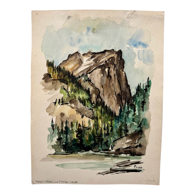Henry Emil Salloch Original Watercolor on Paper Hallets Peak and Nymph Lake, 1958. For Sale