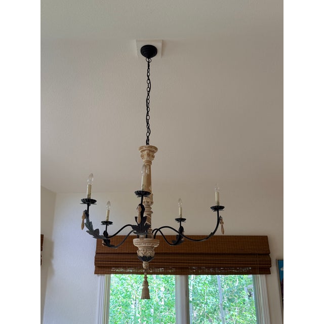 Spanish Colonial Style Iron & Carved Wood Five-Light Chandelier For Sale In Denver - Image 6 of 9