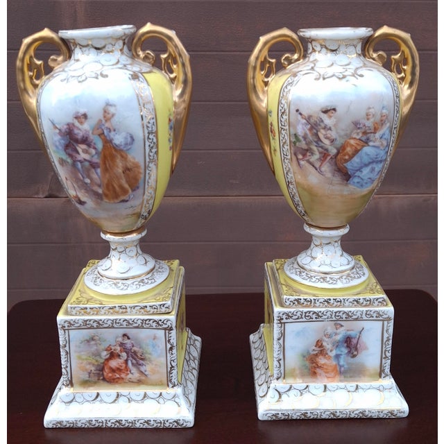 Late 19th Century Pair Hand Painted Royal Vienna Porcelain Two-Handle Vases , Circa 1880s For Sale - Image 5 of 8