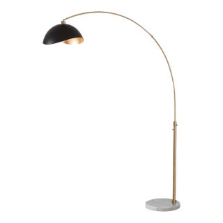 1960s 92" Morelli Adjustable Matte Black/Gold Floor Lamp - Mid Century Modern Arc Lamp, Weathered Brass, White Marble Base, Dimmable For Sale
