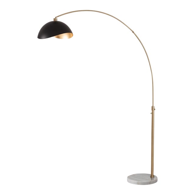 1960s 92" Morelli Adjustable Matte Black/Gold Floor Lamp - Mid Century Modern Arc Lamp, Weathered Brass, White Marble Base, Dimmable For Sale