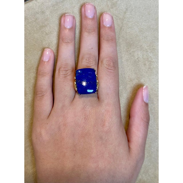 13 Ct Emerald cut Natural Lapis Lazuli Ring in 14 Kt Yellow Gold, Estate Size 8 For Sale - Image 17 of 18