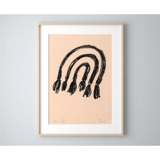 Unique piece oil pastel drawing on toned pink paper. Original graphic art. Abstract figure in black color. Work...