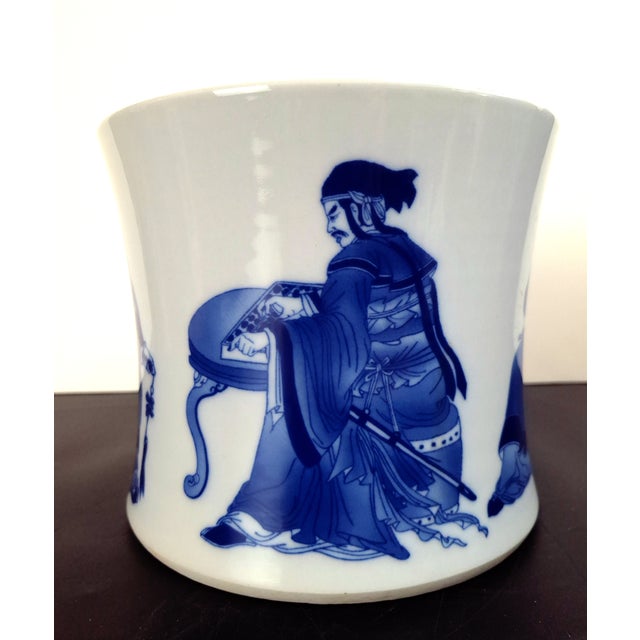Chinese Five Tiger Generals porcelain bitong, solidly potted with gently sloping sides, with blue and white glazed...