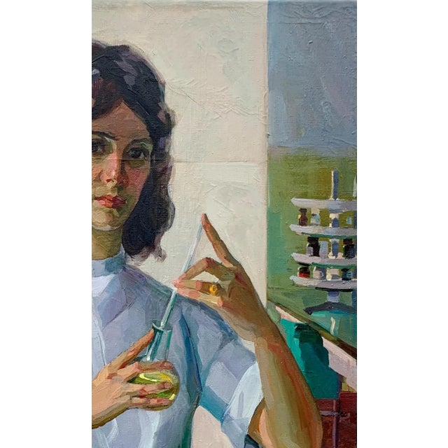Realism Vintage Scientist Woman Oil Painting, Original Medical Art, Lab Portrait Artwork For Sale - Image 3 of 6