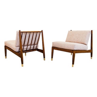 Fully Restored 1960s Scandinavian Slipper Chairs in Beech & Brass Attributed to Dux For Sale