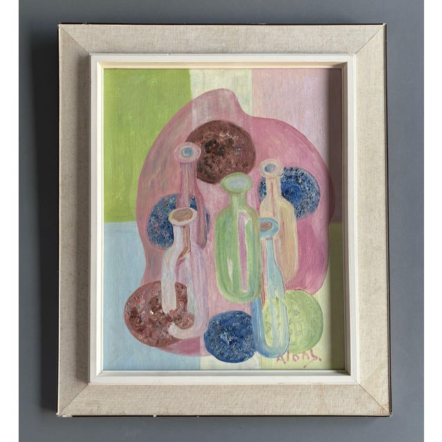 Beautiful, oil painting in pastel colors by cor alons, representing a cubistic still life with pottery. The netherlands,...
