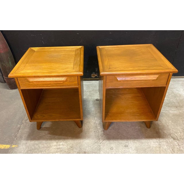A beautiful pair of limed Oak nightstands designed by Jack Van Der Molen. These are in the original finish, still looking...