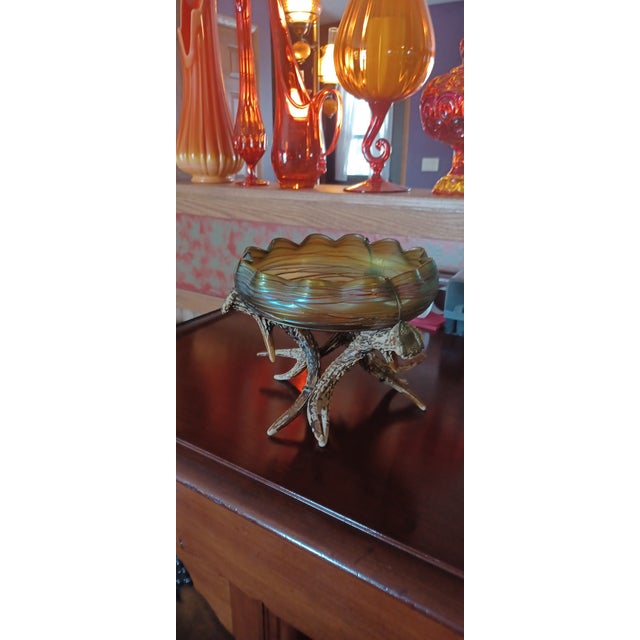 Art Neovou Threaded Irridescent Bowl on Faux Stag Horns 7" Loetz Art Glass For Sale - Image 14 of 14