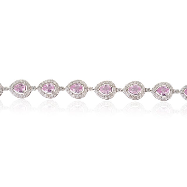 14k Gold Pear Cut 2.74ct Pink Sapphire & Diamond Byzantine Tennis Bracelet For Sale - Image 4 of 17