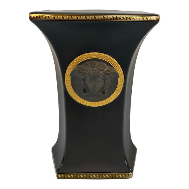 Black & Gold Versace Rosenthal Porcelain Vase With Gold Medusa Signed For Sale