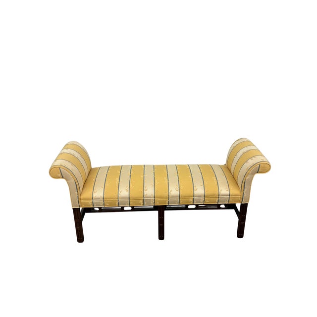 Vintage Chippendale Style Mahogany-Finish Rolled Arm Upholstered Window Bench For Sale - Image 4 of 8