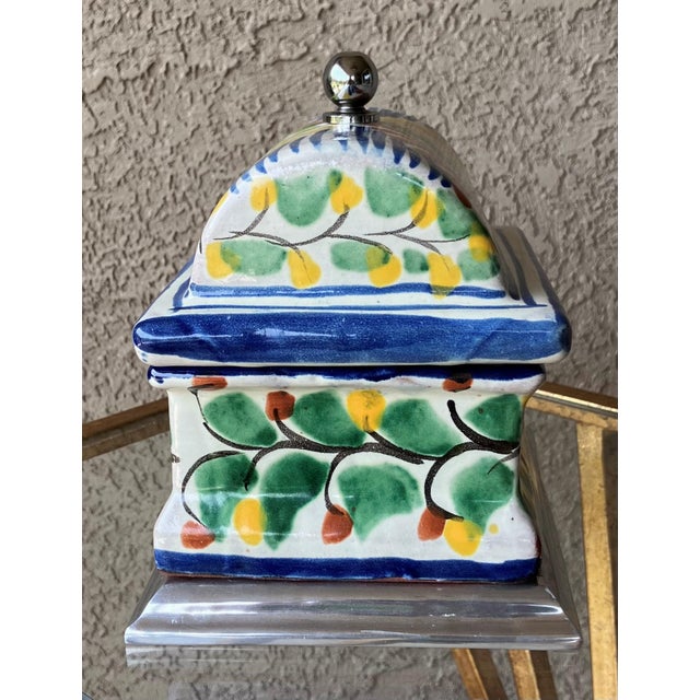 Metal Colorfully Charming Late 20th-Century Talavera Lidded Box on Pewter Pedestal Base, Mexico For Sale - Image 7 of 11
