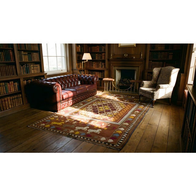 Brick Red 1900s Red Geometric Human Antique Indian Agra Hank Knotted Rug 4'2"x6'10" Wool Carpet For Sale - Image 8 of 9