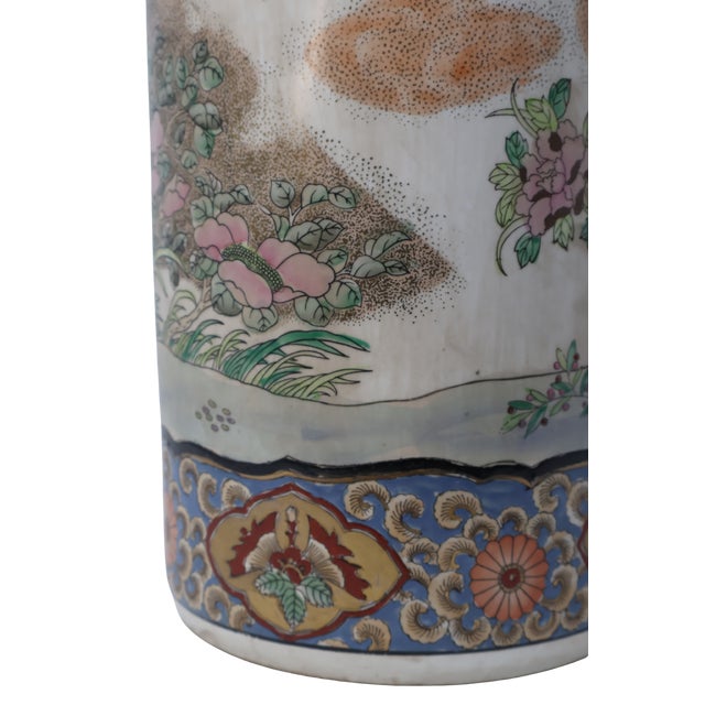 Vintage Macau Hand-Painted Porcelain Umbrella Stand With Floral Garden, Raised Enamels & Gilt Detail For Sale In Washington DC - Image 6 of 18