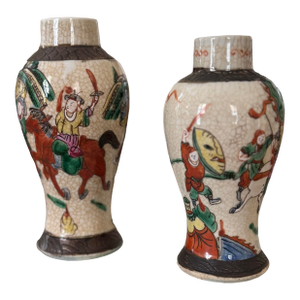 Antique Chinese Crackle Finish With Warrior Scenes Petite Brown Vases- A Pair