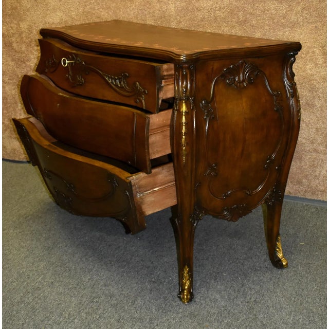 Brown Antique Three Drawer Carved Walnut Italian Bombe' Commode W/Floral Painted Top For Sale - Image 8 of 13