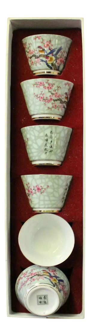 Chinese Light Green Birds Graphic Porcelain Handmade Tea Cup 6 Pieces Set