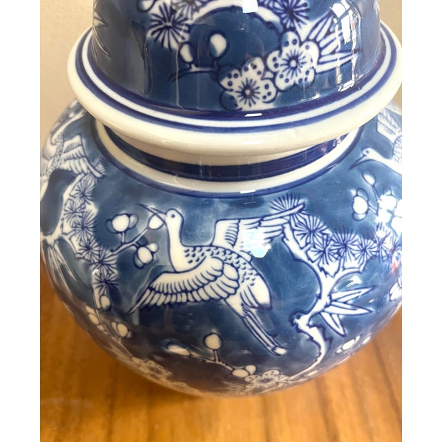 Classic Chinoiserie Blue and White Ceramic Ginger Jar With Handpainted Phoenix Birds Design For Sale In San Diego - Image 6 of 8