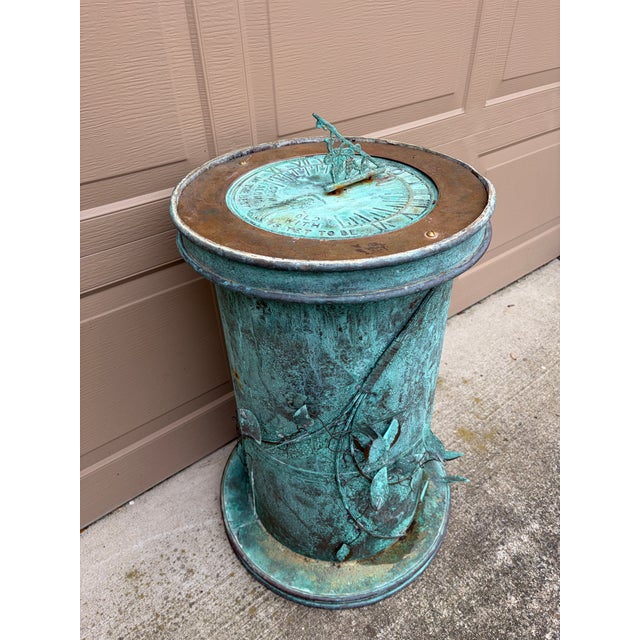 Vintage English Country Classical Verdigris Iron Sundial on Copper Pedestal Base "Grow Old Along With Me" For Sale - Image 4 of 12