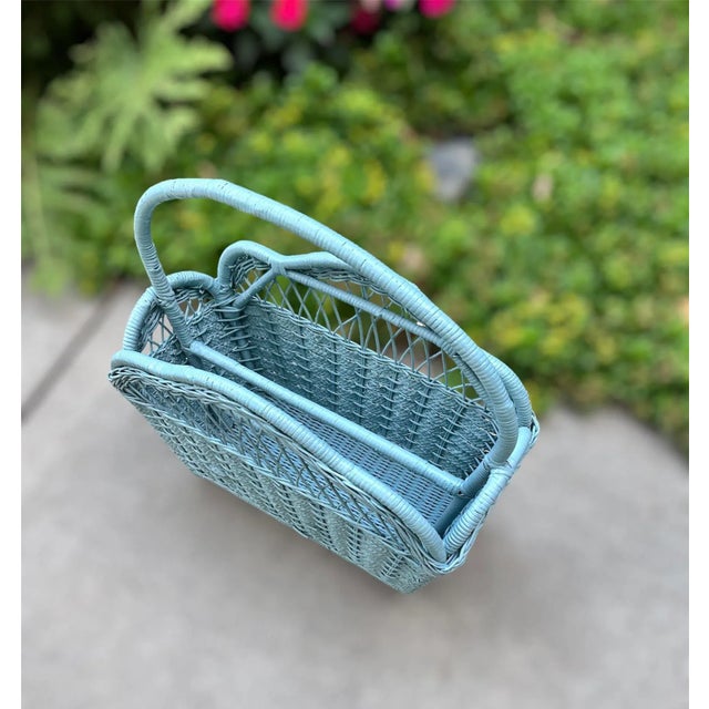 Late 20th Century Vintage Coastal Blue Painted Wicker Rattan Bamboo