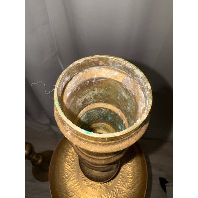 Moroccan Monumental 49.5" Vintage Moroccan Brass Floor Candlesticks - A Pair For Sale - Image 3 of 10