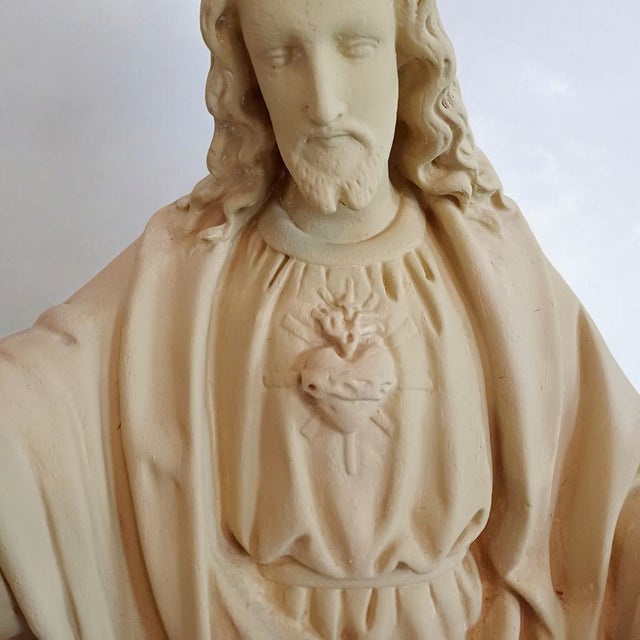 Large French Plaster Sacred Heart of Jesus Statue, 20th Century For Sale - Image 6 of 7