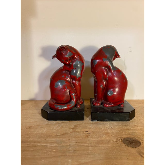 Vintage Cast Bronze Red Painted Cat Bookends- Set of 2 For Sale - Image 12 of 12