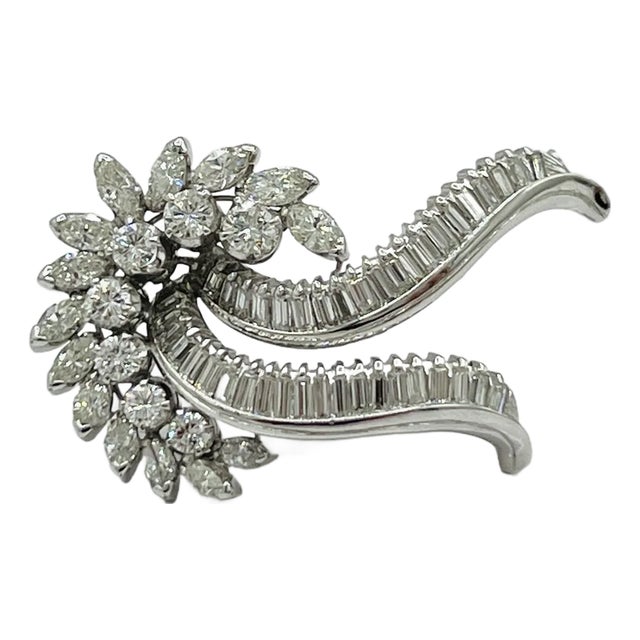 Mid 20th Century White Round Diamond Marquise, Round & Baguette Brooch in Platinum For Sale