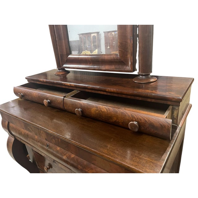 19th Century Antique Empire Flame Mahogany Dresser With Mirror For Sale In Raleigh - Image 6 of 11