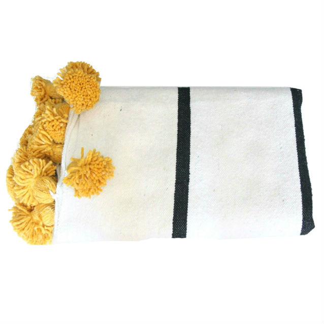 Moroccan White Black Saffron Pompom Throw For Sale - Image 3 of 3
