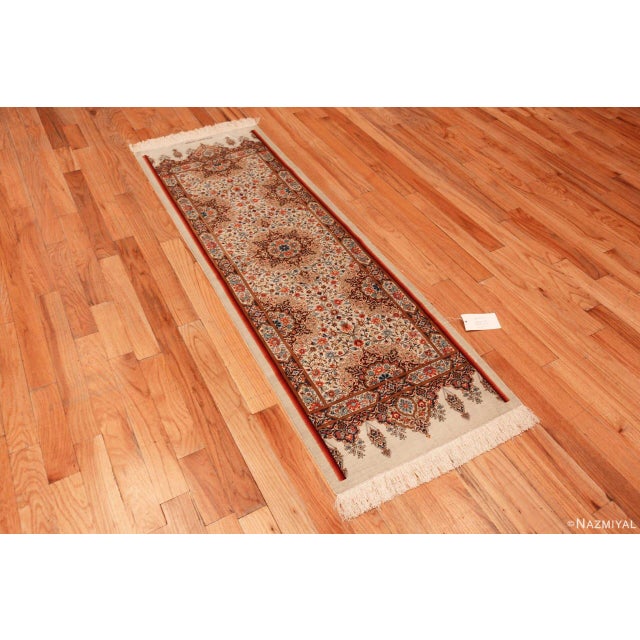 Fine Luxurious Silk Pile Floral Vintage Persian Qum Short Runner Rug, country of origin: Persian Rugs, Circa date: Vintage...