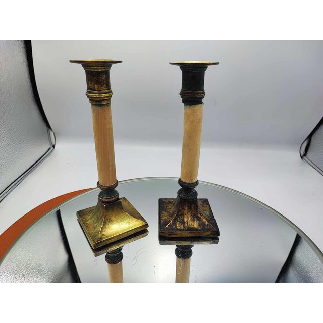 Pre-war brass candlesticks, dimensions: height 19.5 cm, width 7.5 cm, depth 7.5 cm, diameter of the rosette at the top 5 cm.