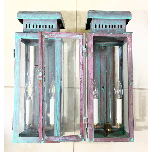 Turquoise Large Stunning Pair of Solid Copper Wall Lanterns For Sale - Image 8 of 16