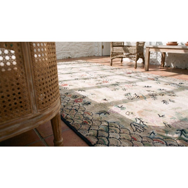 Textile 1920s Ivory Floral Folk Art American Hooked Rug Gallery Rug 6' X 12' Handknotted Wool Carpet For Sale - Image 7 of 9