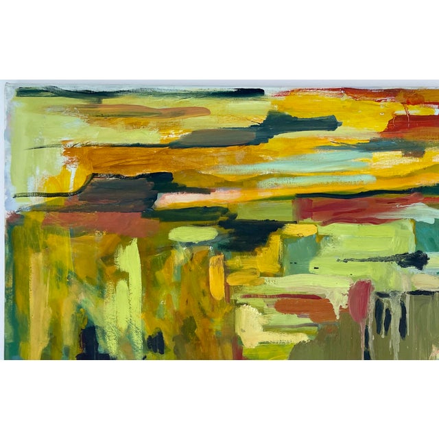 This is a wonderful abstract landscape in many hues of olive and lime greens, gold, yellows, oranges, rust, and ochre with...