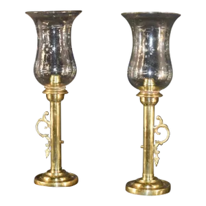 Pair of Early 19th Century Brass Candlesticks With Etched Hurricanes