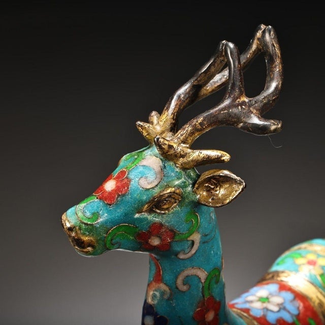 Turquoise Late 20th Century Pair of Cloisonne Enamel Gilt Deer Figurines, Decorative Tabletop Sculptures For Sale - Image 8 of 9