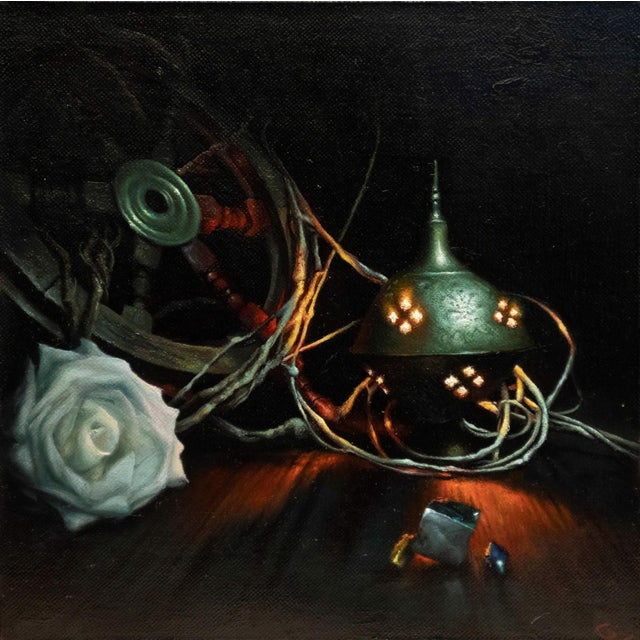 Contemporary Alchemy #1 by Christopher Remmers | Oil on Artefex panel with linen Still life of a lamp, rose, and tools For Sale - Image 3 of 3