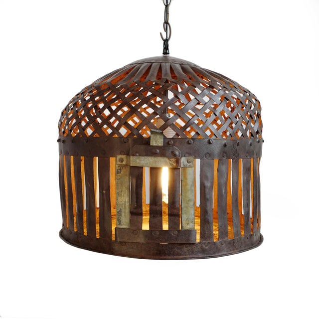 Farmhouse Vintage Farmhouse Industrial Iron Basket Cage Pendant Light For Sale - Image 3 of 8
