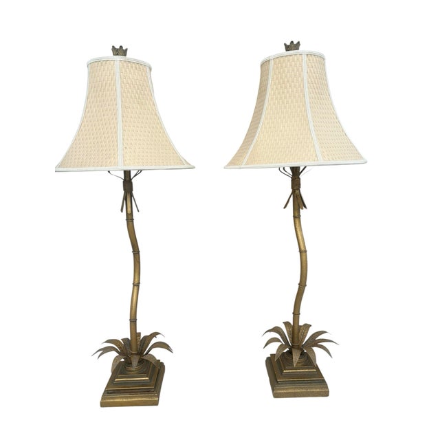 Mid-Century Modern Palm Beach Hollywood Regency Wavy Brass Gold Gilt Palm Tree Bamboo Buffet Table Lamps Pair For Sale - Image 3 of 12