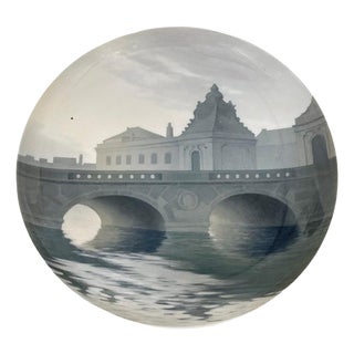 Cityscape with Bridge Porcelain Wall Plate attributed to Bing & Grøndahl, Denmark, 1890s For Sale