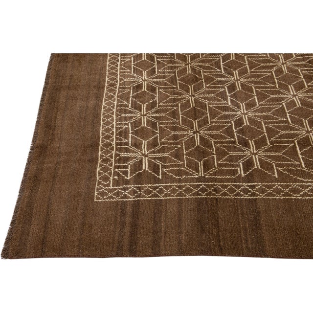 Brown Modern Moroccan Style Handmade Geometric Designed Wool Rug For Sale - Image 4 of 8